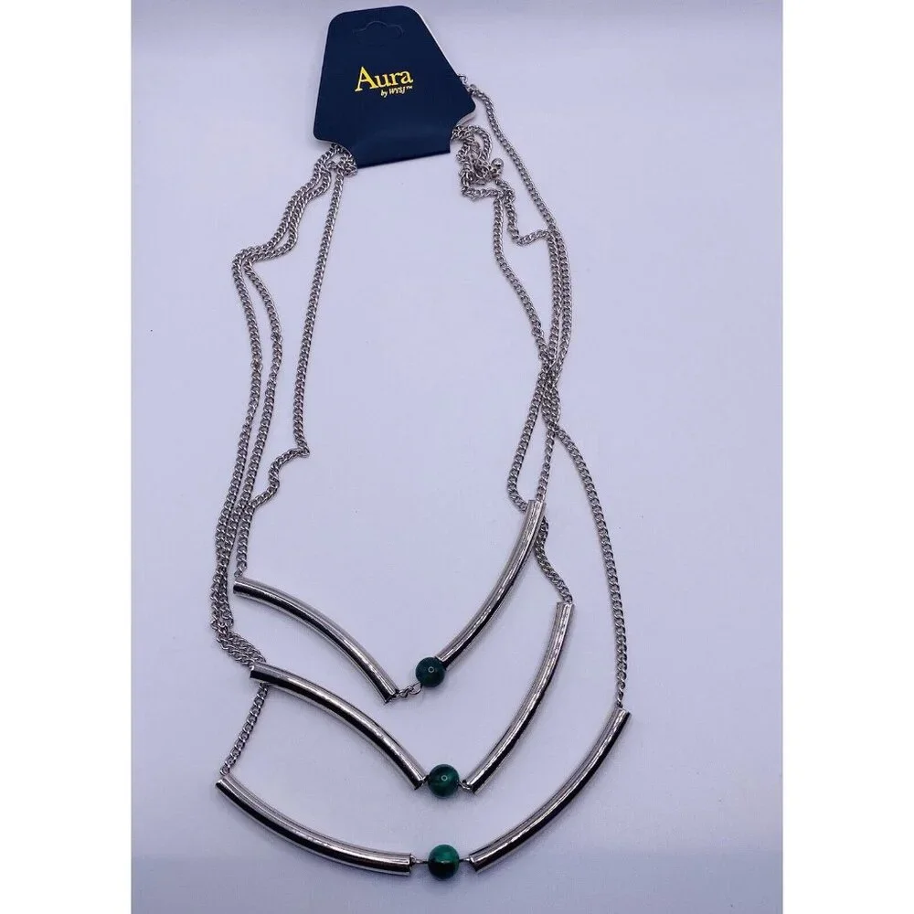 Aura Green Bead Silver Tone Necklace 16” - Picture 1 of 4